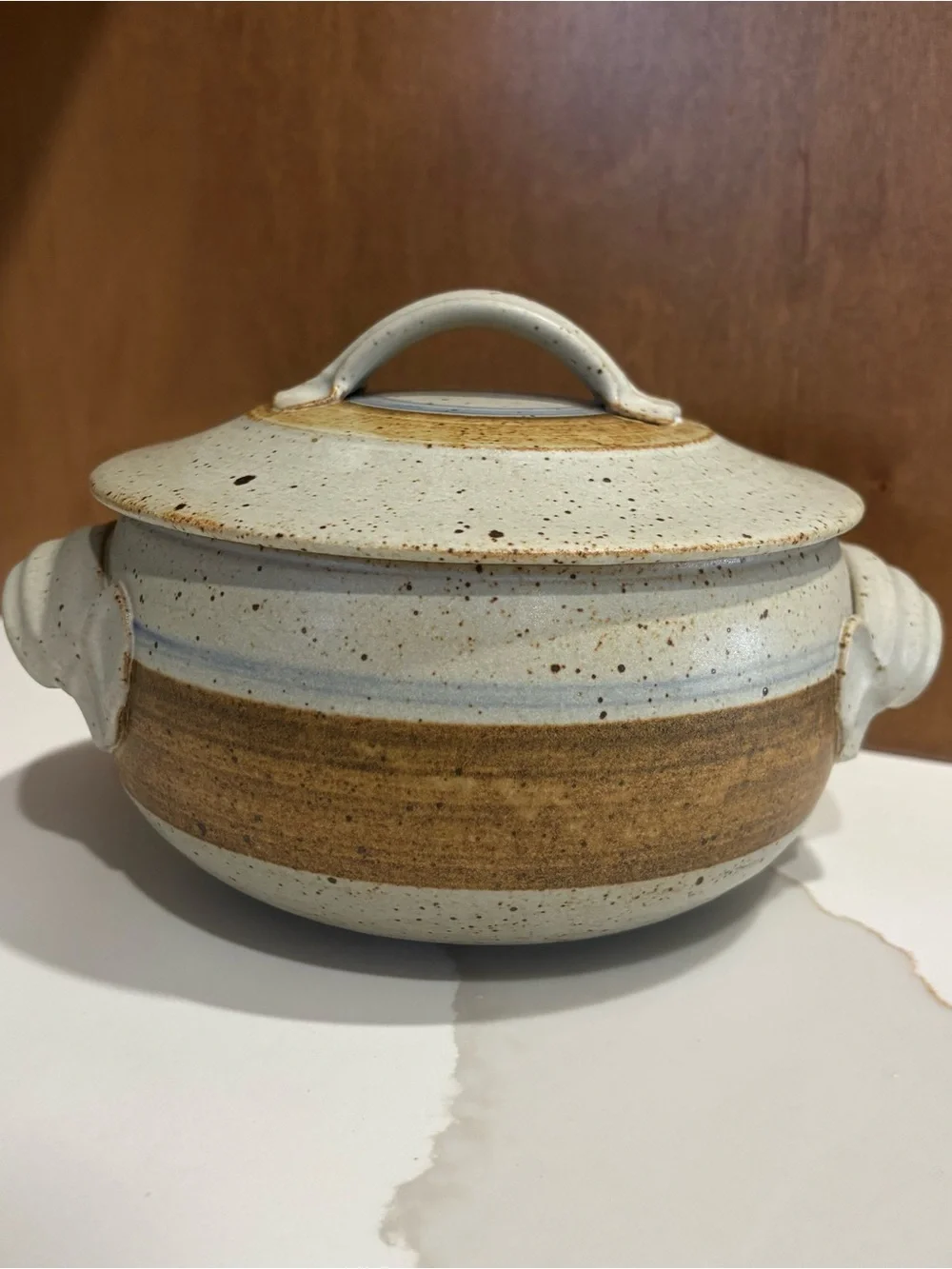 Vintage Haas Studio Pottery Bowl Pot with Handled Lid Earthtones Brown Blue
